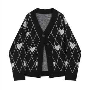 Women’s Long-sleeved Loose V-neck Diamond Knit Sweater Cardigan
